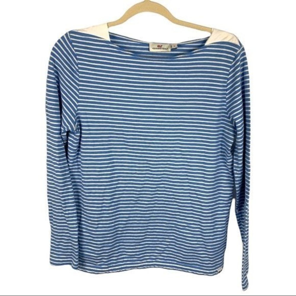 Vineyard Vines Striped Boatneck Oxford Trim Top | Blue & White | Women’s Small - Picture 1 of 9